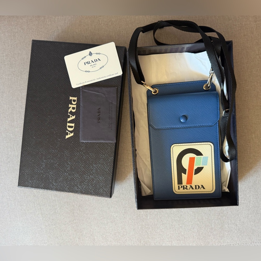 Auth Prada Saffiano Phone Holder Crossbody Bag – Blue